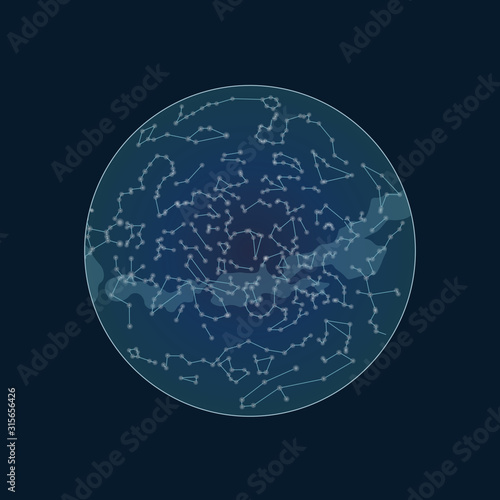 Celestial map of the night sky. Vector starry Southern hemisphere . Stars on the deep blue background. Planisphere and constellations.