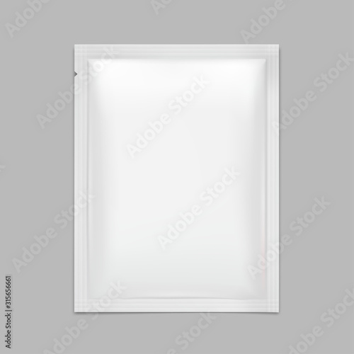 Blank sachet packaging for food, cosmetic and hygiene. Vector illustration on grey background. Ready for your design. EPS10.	