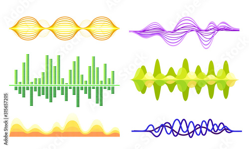 Sound Frequency Waves Vector Set. Audio Equalizer Sound in Various Shapes and Colors