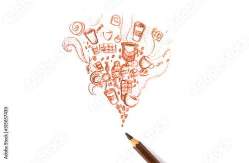brown pencil draws coffee and candy