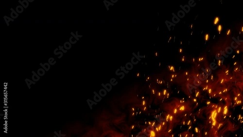 Burning red hot flying sparks fire in the night sky. Beautiful abstract background flying wing shape on black background.