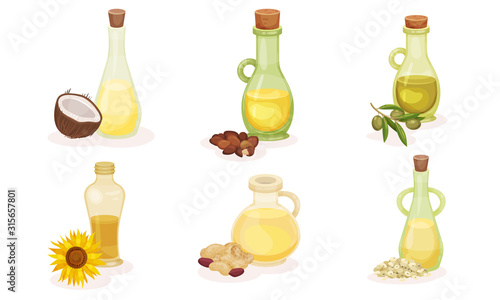 Different Organic Oils Poured in Glass Jars with Bottle Cap Vector Set