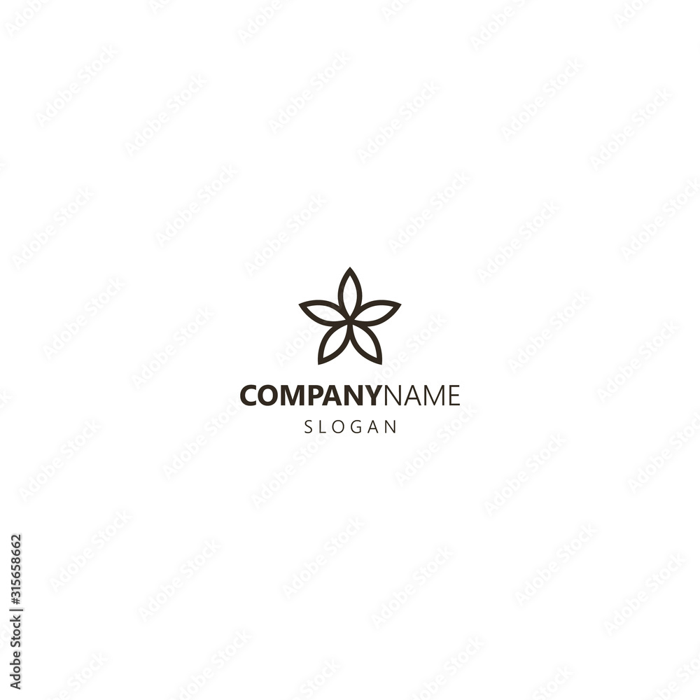 black and white simple line art vector iconic logo of a blooming five-petal flower black and white simple line art vector iconic logo of a blooming five-petal flower