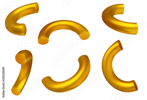 Set of golden half circle shape or arc in different view isolated on white background. Realistic geometric elements for design projects. Bright vector minimalistic concept. Colorful illustration.