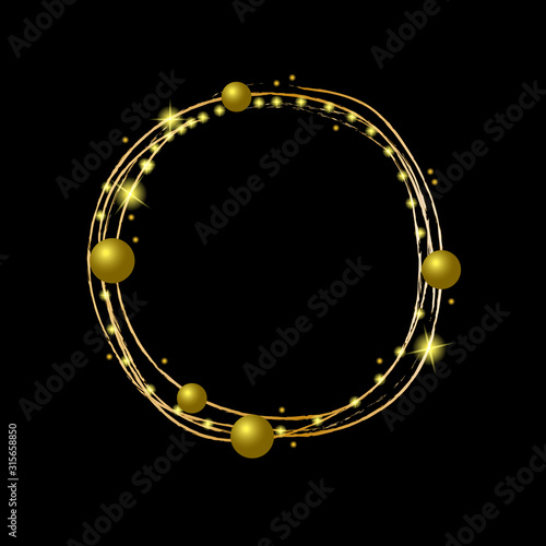 Round gold and glitter frame made of simple elements. Vector illustration on a black background, for the design of invitations, cards, greetings, announcements