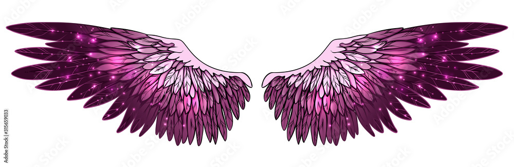 Fototapeta Piękna magia rozpostarta brokatowe fioletowe różowe skrzydła, wektor