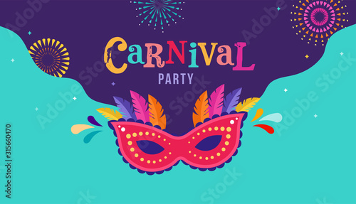 Leinwand Poster Carnival, party, Rio Carnaval, Purim background with confetti, music instruments, masks, clown hat and fireworks