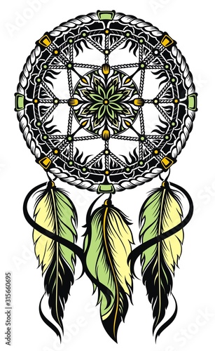 Indian Dream catcher. Dream catcher decorated with feathers 