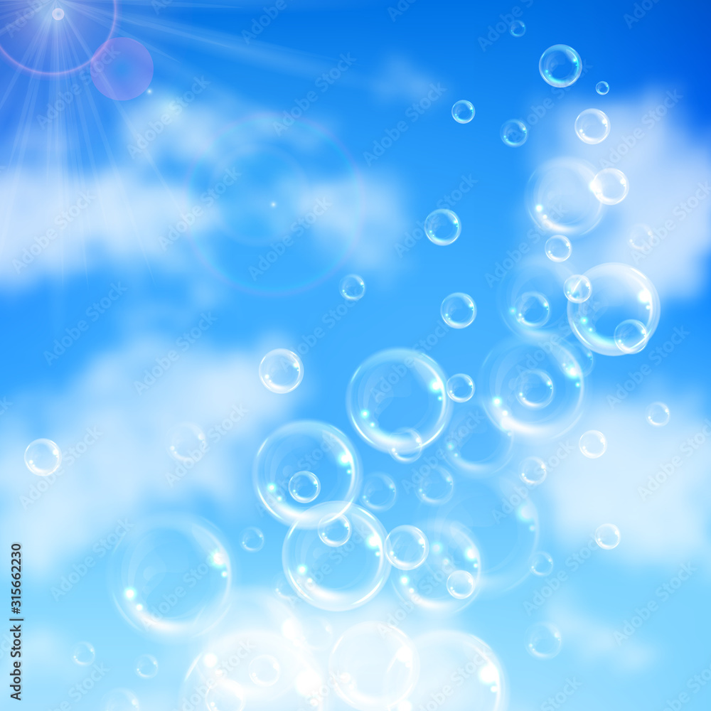 Realistic transparent floating soap bubbles on blue sky background. Design element for advertising booklet, flyer or poster