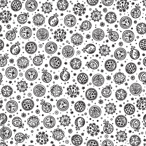 Hand drawn doodle floral circles - Abstract Seamless Pattern. Black and white polka dots background.