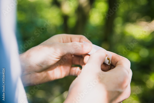 Man under the influence of drugs or alcohol struggling to roll a tobacco cigarette or marijuana joint or spliff in the wood forest with nice sunny green bokeh background pale young hands © josh