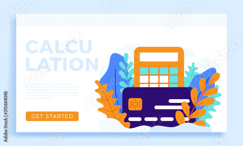 Calculator and credit card vector stock illustration isolated for landing page or presentation. concept of paying taxes, calculating expenses and income, paying bills. Front side card with calculator