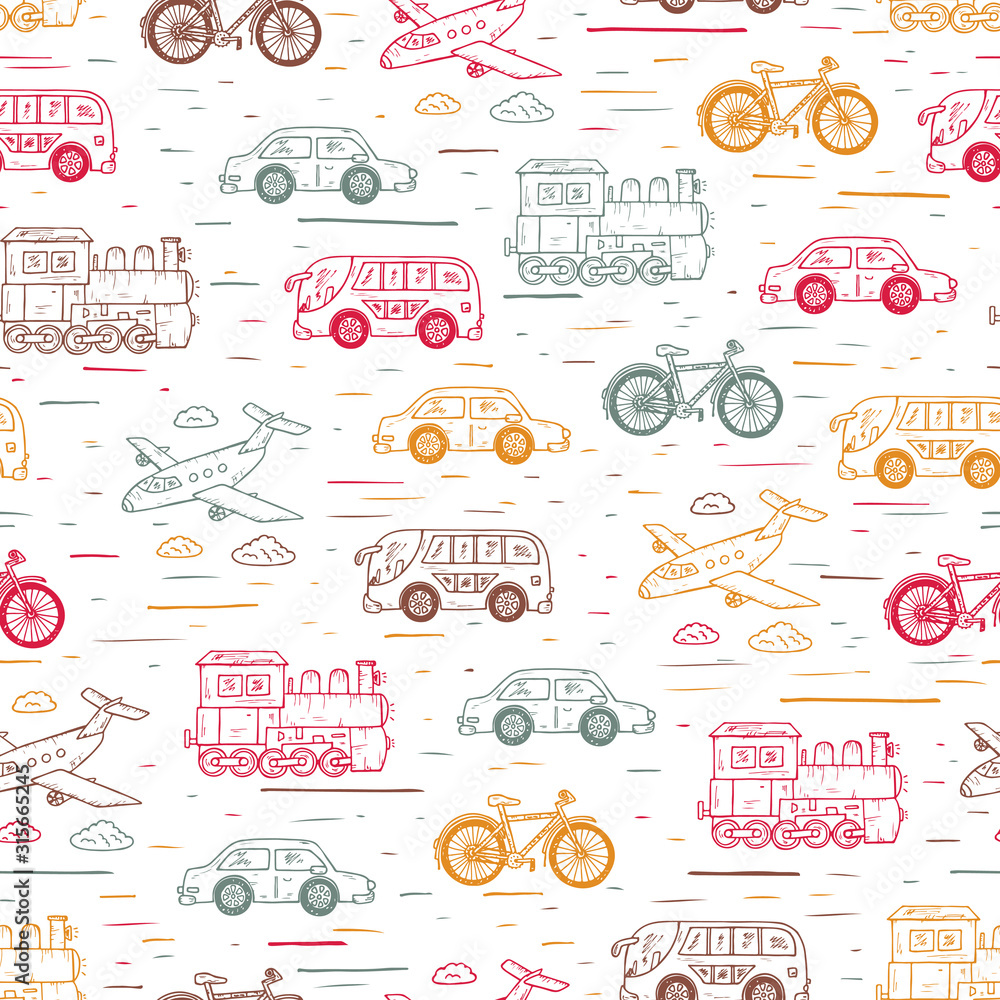 Transport seamless pattern. Hand Drawn doodle car, airplane, steam locomotive, bicycle - vector illustration