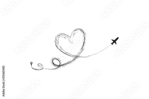 Plane and its track in the shape of a heart on white background. Vector illustration. Aircraft flight path and its route