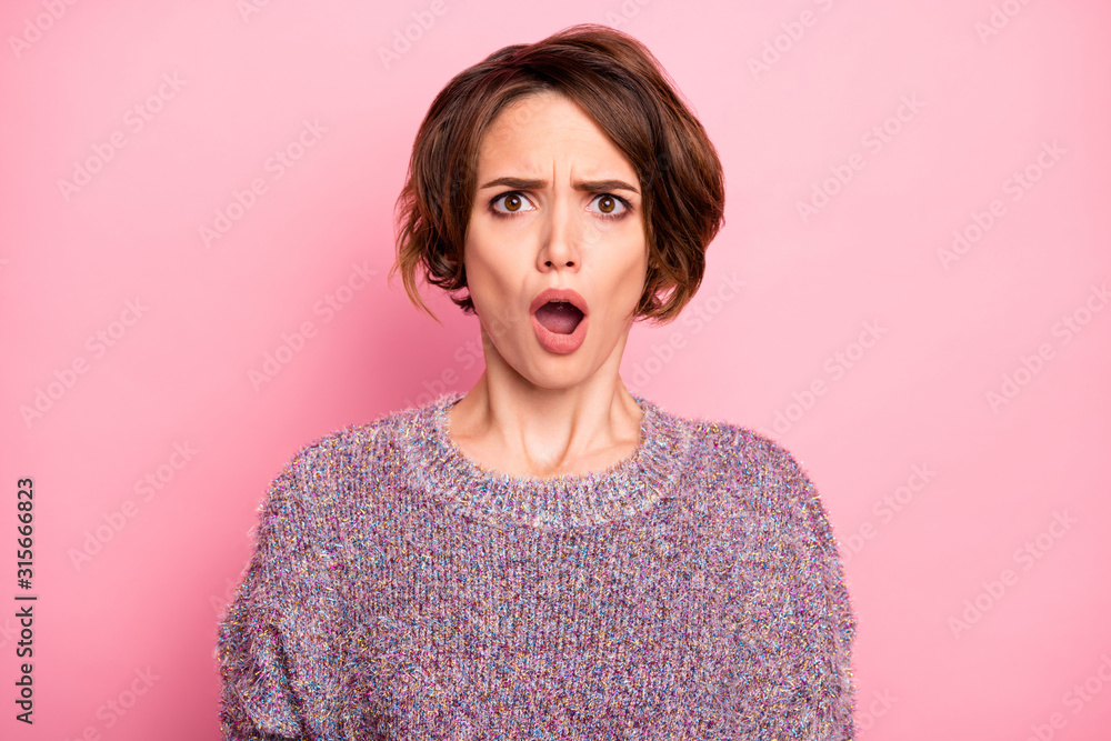 Close-up portrait of her she nice attractive lovely pretty cute charming outraged brown-haired girl fake news reaction opened mouth isolated over pink pastel color background Close-up portrait of her she nice attractive lovely pretty cute charming outraged brown-haired girl fake news reaction opened mouth isolated over pink pastel color background