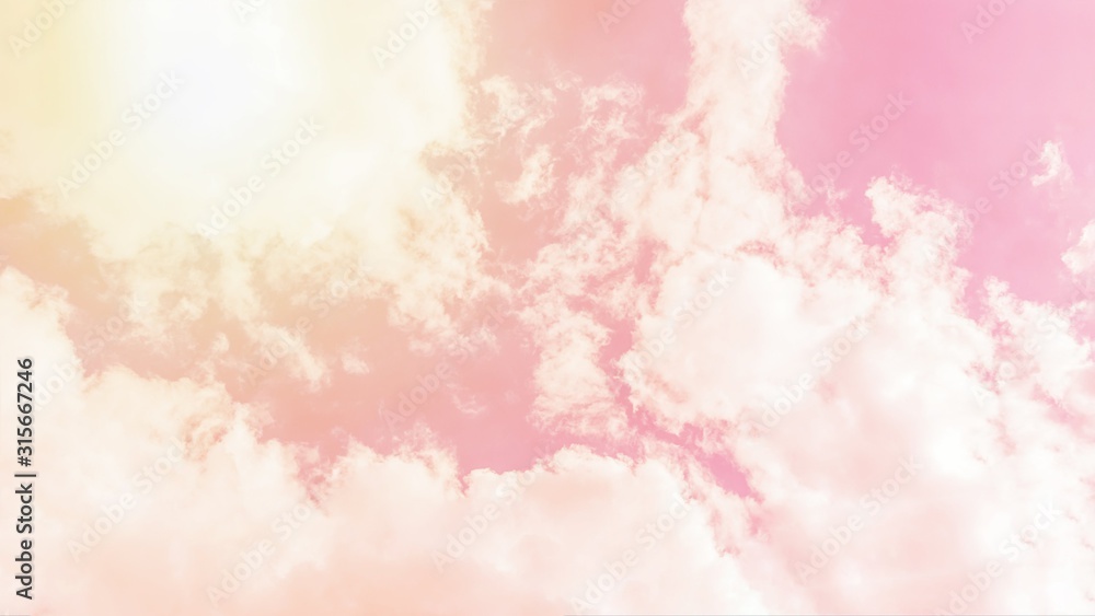 Sunny orange pink sky background. Beautiful warm sky with clouds. Toned photo, 16:9 panoramic format