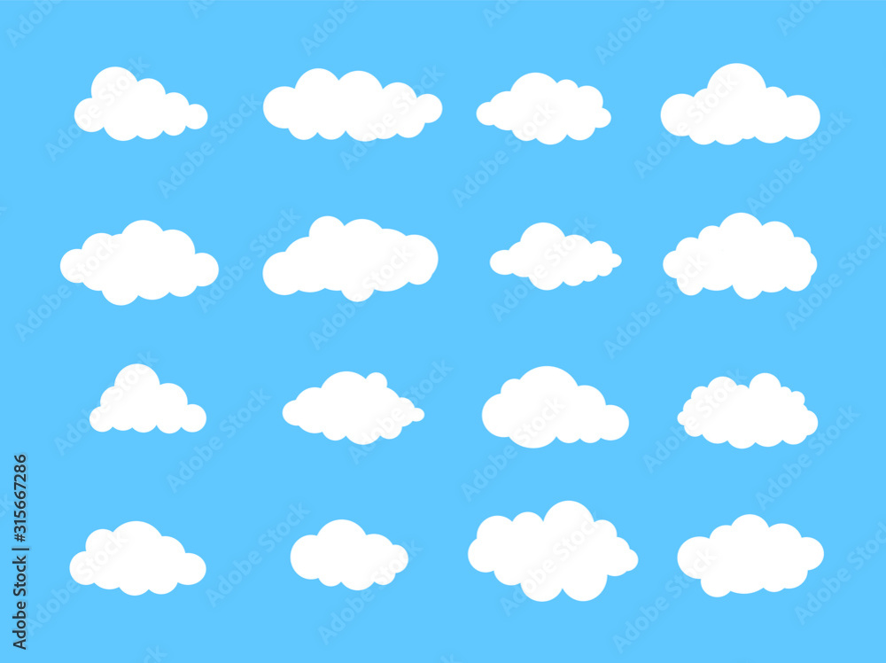 Clouds in the sky. Set of Cloud Icons in trendy flat style isolated on blue background. Cloud symbol for your web site design, logo.  Vector illustration, EPS10.