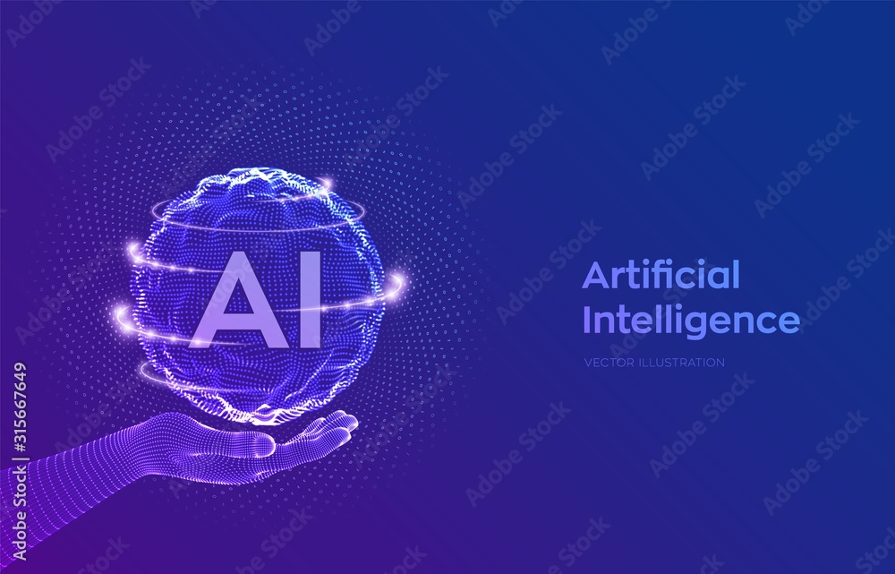 AI. Artificial Intelligence Logo in hand. Artificial Intelligence and Machine Learning Concept. Sphere grid wave with binary code. Big data innovation technology. Neural networks. Vector illustration. AI. Artificial Intelligence Logo in hand. Artificial Intelligence and Machine Learning Concept. Sphere grid wave with binary code. Big data innovation technology. Neural networks. Vector illustration.