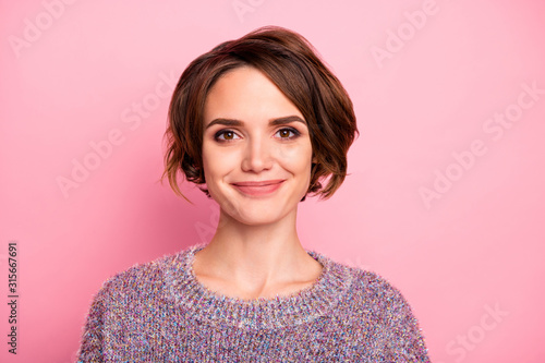 Close-up portrait of her she nice-looking attractive lovely pretty charming cute cheerful cheery brown-haired girl isolated over pink pastel color background