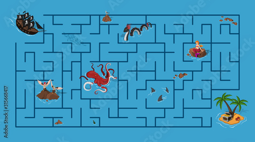Kids maze. Pirate game with labyrinth. Help ship find way to island. Cartoon puzzle in isometric view. Sea map with fantasy monsters