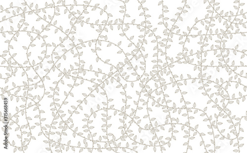 Vector seamless texture wall overgrown with plant with thorns and leaves. White background