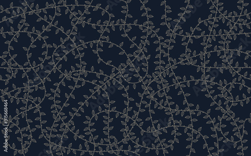 Vector seamless texture wall overgrown with plant with thorns and leaves. Dark background
