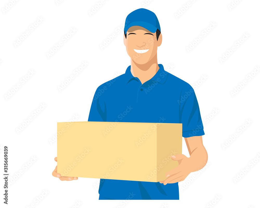 Smiling delivery man in blue uniform holding a package box - flat vector illustration. Smiling delivery man in blue uniform holding a package box - flat vector illustration.