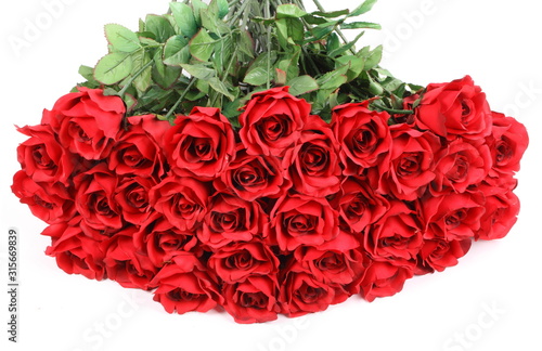 Big bunch of red roses on white background