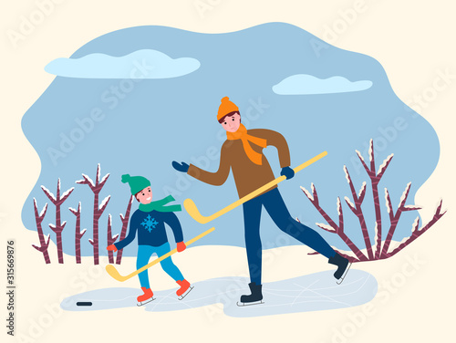 Father and son playing hockey on rink outdoor. Winter season in park with dad and little boy playing on ice. Man and child wearing casual clothes with hat and mittens holding stick and skating vector