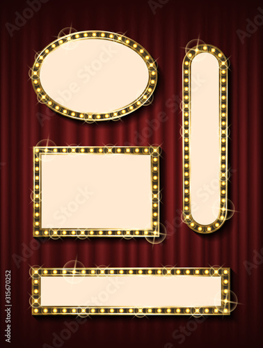 Geometrical glowing frame set on red curtain background. Empty shape for presentation, rectangle and oval, square board with shiny border, signboard vector