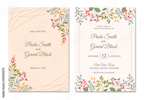 wedding invitation card with watercolor floral frame