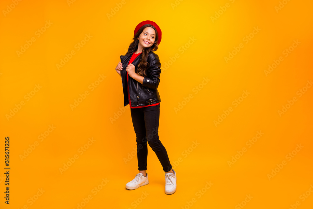 Full length body size view of her she nice attractive pretty charming cheerful cheery long-haired girl wearing streetstyle posing isolated over bright vivid shine vibrant yellow color background Full length body size view of her she nice attractive pretty charming cheerful cheery long-haired girl wearing streetstyle posing isolated over bright vivid shine vibrant yellow color background