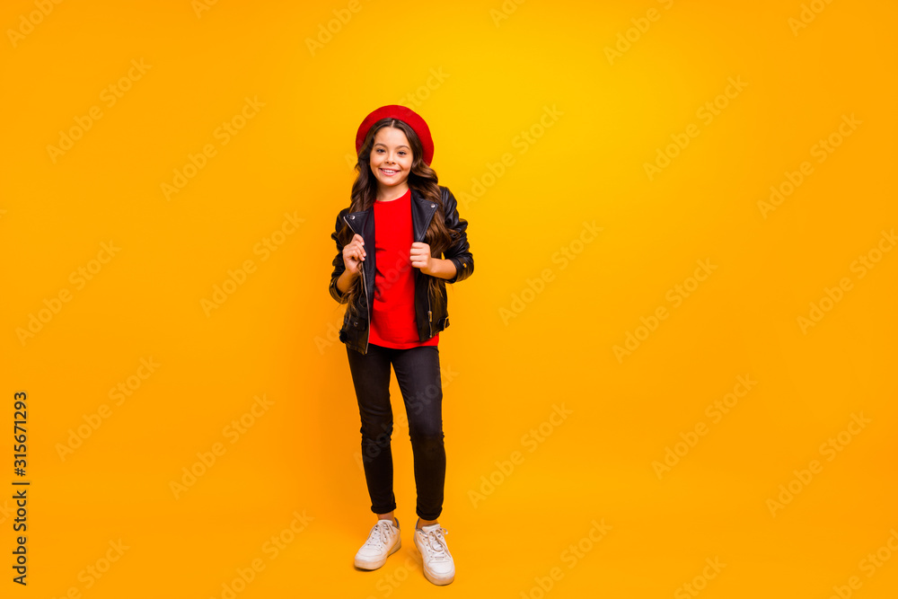 Full length body size view of her she nice attractive fashionable cheerful cheery long-haired girl wearing streetstyle isolated over bright vivid shine vibrant yellow color background Full length body size view of her she nice attractive fashionable cheerful cheery long-haired girl wearing streetstyle isolated over bright vivid shine vibrant yellow color background