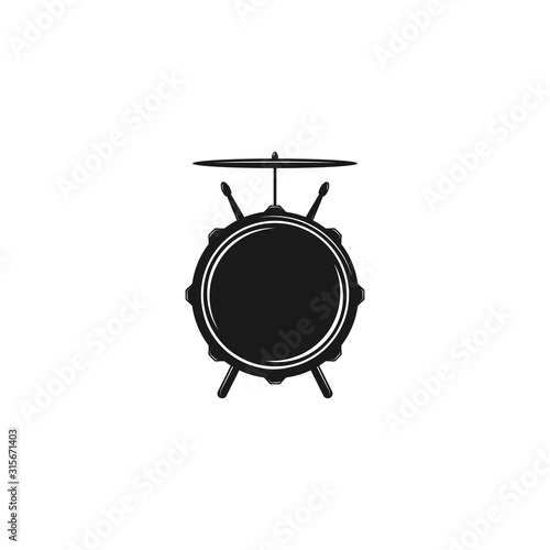 Vector logo of rock school or rock band. Snare drum with drumsticks and cymbals.