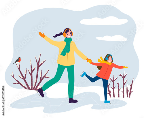 Mother holding daughter hand and skating in winter park. Smiling woman teaching little girl on rink. Activity on ice of happy family mom and kid in casual clothes. People walking outdoor vector