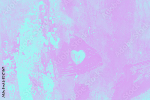 Magenta and turquoise gradient colors background with small heart. Old cracked paint pattern, cracking texture