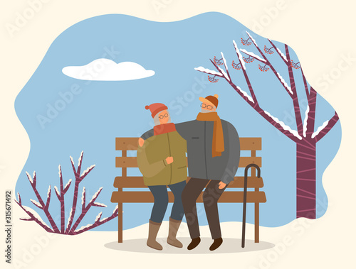 Dating of man and woman sitting on bench near snowy tree. People embracing on wooden seat walking in park in winter time. Male and female characters wearing scarf and hat hugging outdoor vector