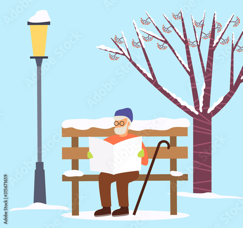 Man spending time outdoors, senior character with white beard wearing warm clothes sitting on wooden bench in winter park. Relaxation of pensioner outdoors. Grandfather with stick, vector in flat
