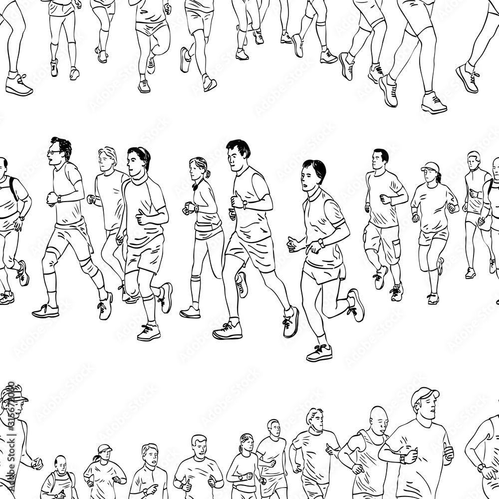Seamless pattern of outlines group townspeople jogging