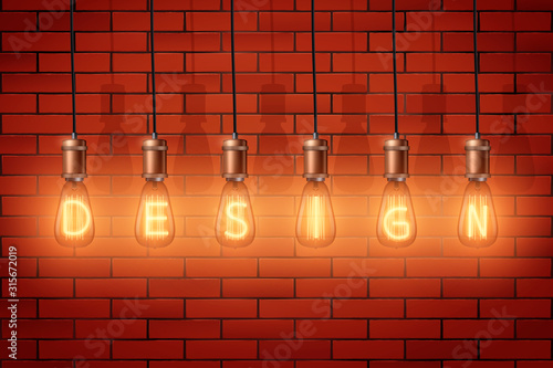 Fotografia Decorative Retro design edison light bulbs with text Design on brick wall background