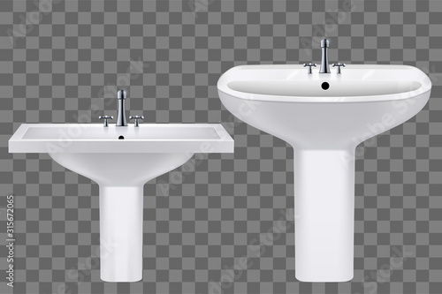 Set of Classic ceramic rectangle and oval washbasins with water tap. Porcelain washstand. Sample sink with faucet For Bathroom and Restroom. Vector Illustration on transparent background.