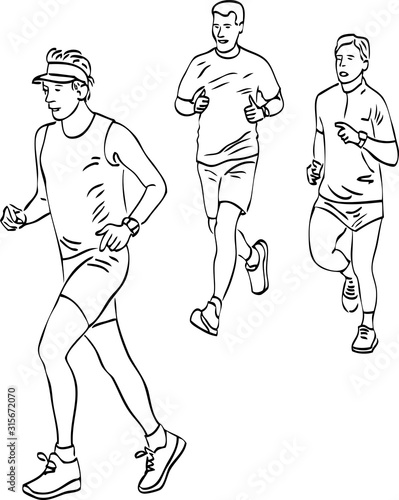 Sketch of  townsmen jogging on summer day