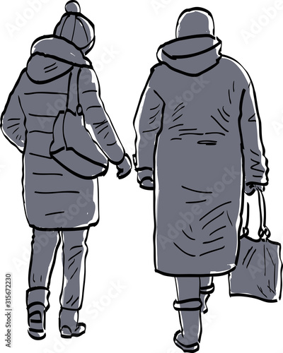 Vector drawing of casual townswomen walking along street