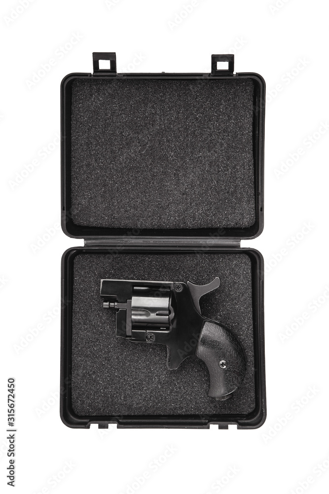 Small black gun revolver isolate on white background. Pocket pistol for self-defense. Ladies' revolver. Spy Weapon. Small black gun revolver isolate on white background. Pocket pistol for self-defense. Ladies' revolver. Spy Weapon.