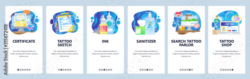Tattoo shop certificate, tattoo sketch, ink, sanitizer. Mobile app onboarding screens. Menu vector banner template for website and mobile development. Web site design flat illustration
