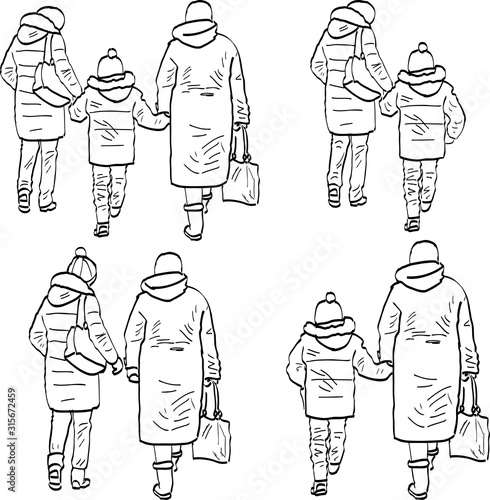 Vector drawings of townswomen with kid walking along street