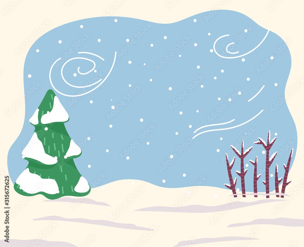 Landscape with trees and bushes covered with snow. Blizzard in tranquil rural area or countryside. Wintertime with traditional snowfalls and frosts. Cold weather in forest with pine spruce vector Landscape with trees and bushes covered with snow. Blizzard in tranquil rural area or countryside. Wintertime with traditional snowfalls and frosts. Cold weather in forest with pine spruce vector