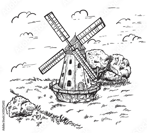 Windmill. Hand drawn sketch of mill. Engraving vintage style vector illustration.