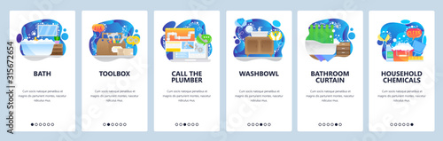 House bathroom interior, bathtub, plumber service, household chemicals. Mobile app onboarding screens. Menu vector banner template for website and mobile development. Web site design flat illustration