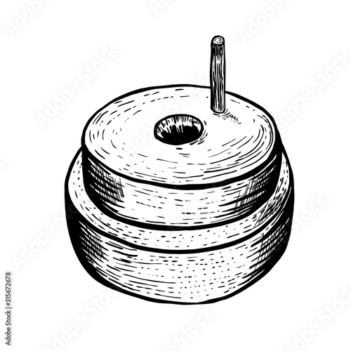 Hand millstones for grain with handle holder. Vintage. Hand realistic drawing. Engraving style vector illustration.